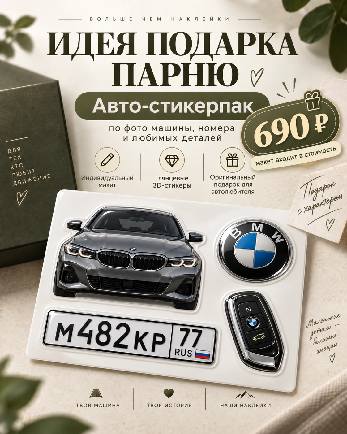 Пример автомобильного набора: автомобиль, номер, брелок сигнализации и марка